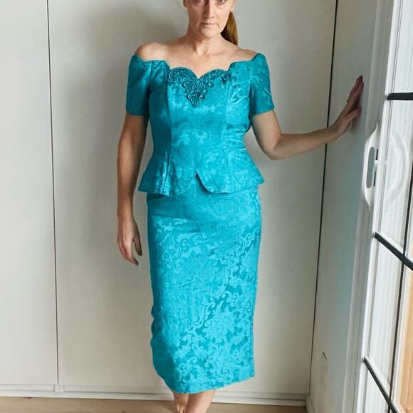 Vintage 90s Prom Party Dress Size 4 Pencil Peplum Size 4 Scott McClintock Brocad - Picture 2 of 11